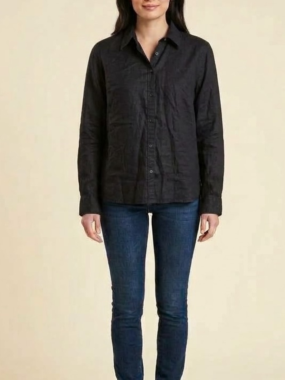 Lauren Ralph Lauren Classic Black Button-Front Women's Shirt Linen Sz L